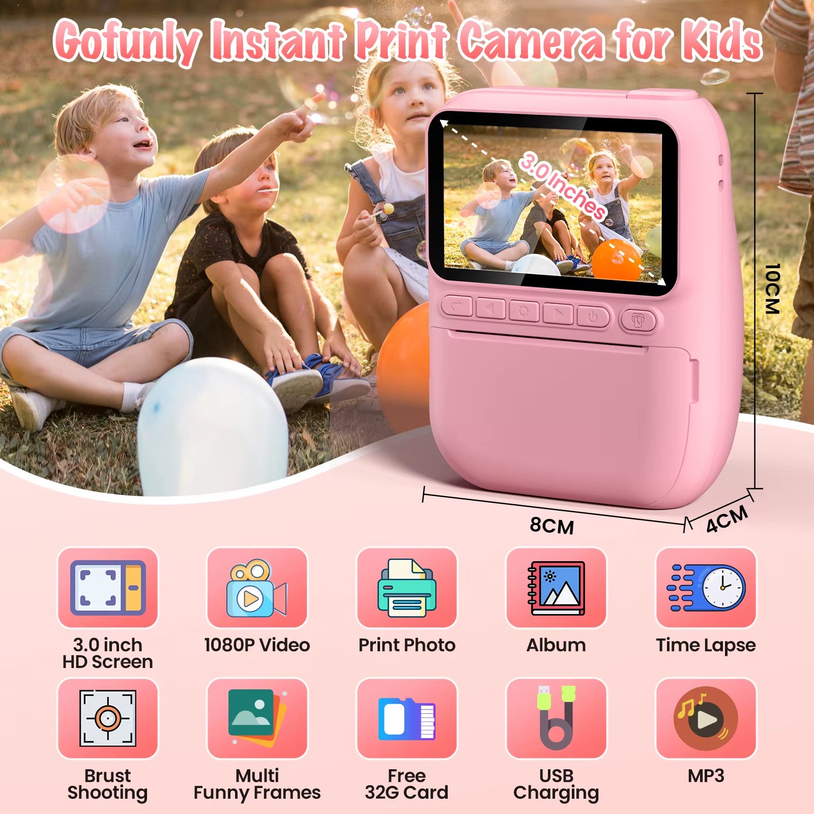 Professional Instant Print Camera for Children Aged 6-12, 3.0" Display, 32MP HD 1080P Digital Camera with 3 Rolls of Printer Paper
