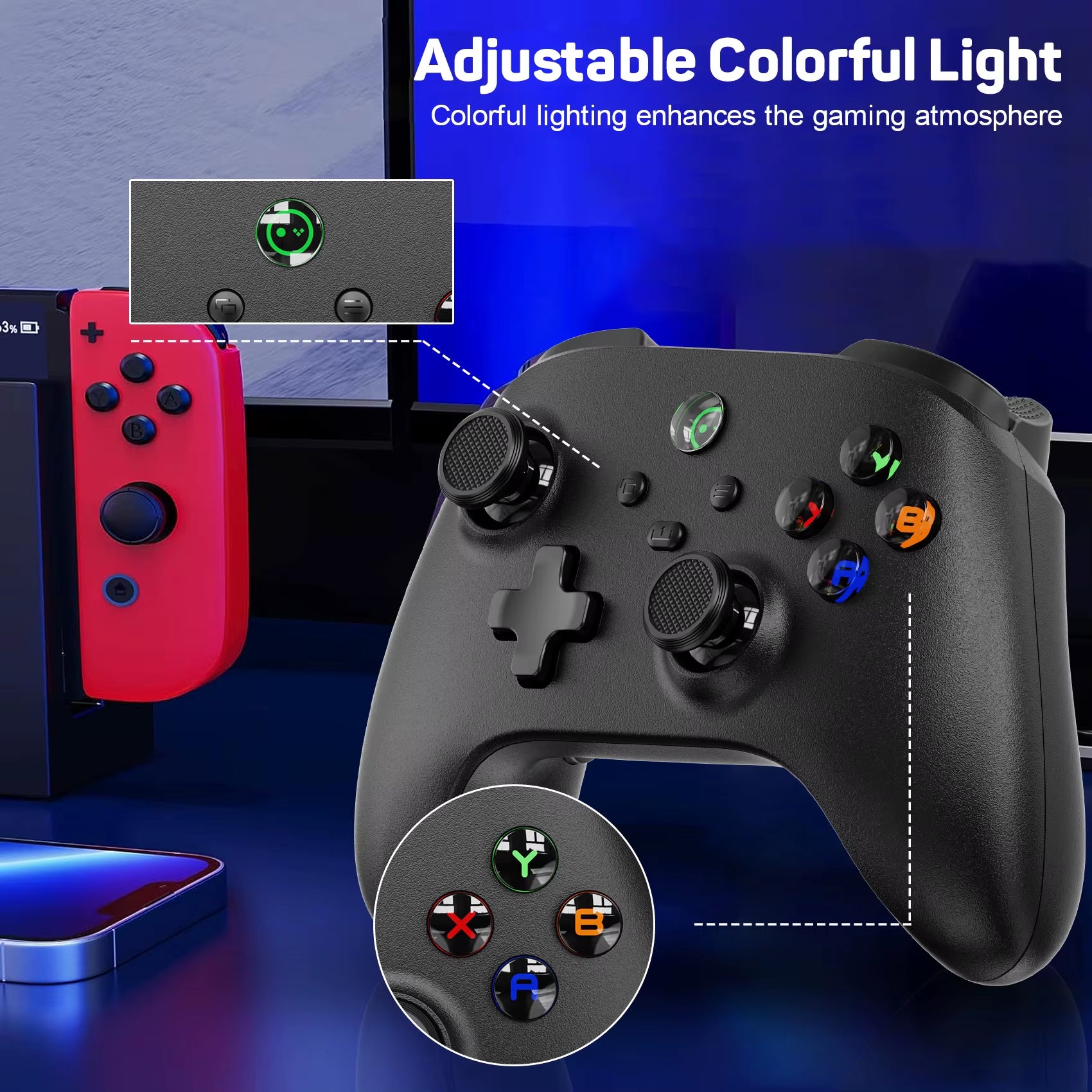 Linyuvo Multi-Platform Wireless Controller with Vibration, Motion Control, Turbo Function, Metal Joystick, and LED Lighting for Switch, PC, iOS, Android, and Tesla Vehicles