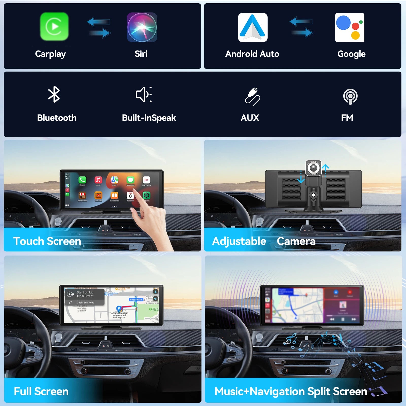 Universal Wireless CarPlay and Android Auto Touchscreen Display for Vehicles