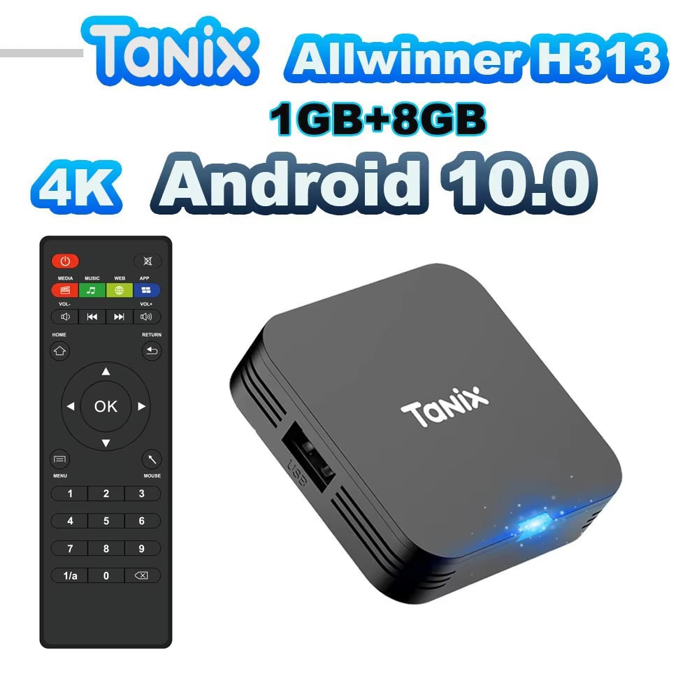 Tanix TX1 Android 10 TV Box, 4K HDR Media Player, Allwinner H313 Quad-Core, 2.4G WiFi, 8GB/16GB Storage, DC 5V/2A