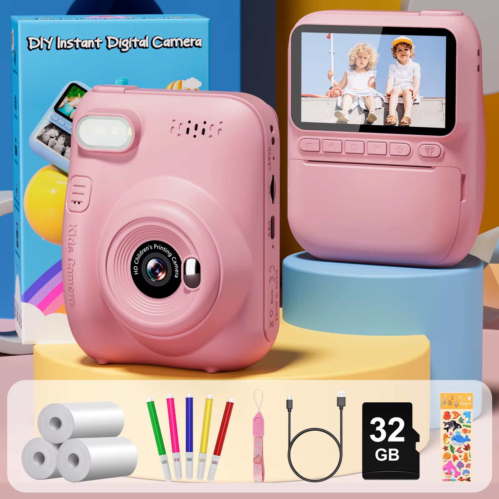 Professional Instant Print Camera for Children Aged 6-12, 3.0" Display, 32MP HD 1080P Digital Camera with 3 Rolls of Printer Paper