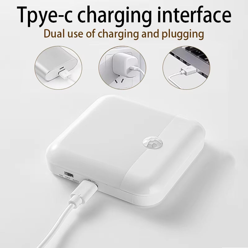 LED Motion Sensor Square Lamp with USB Type-C Charging for Bedroom, Kitchen, Stairway, Hallway, Wardrobe, and Cupboard Lighting