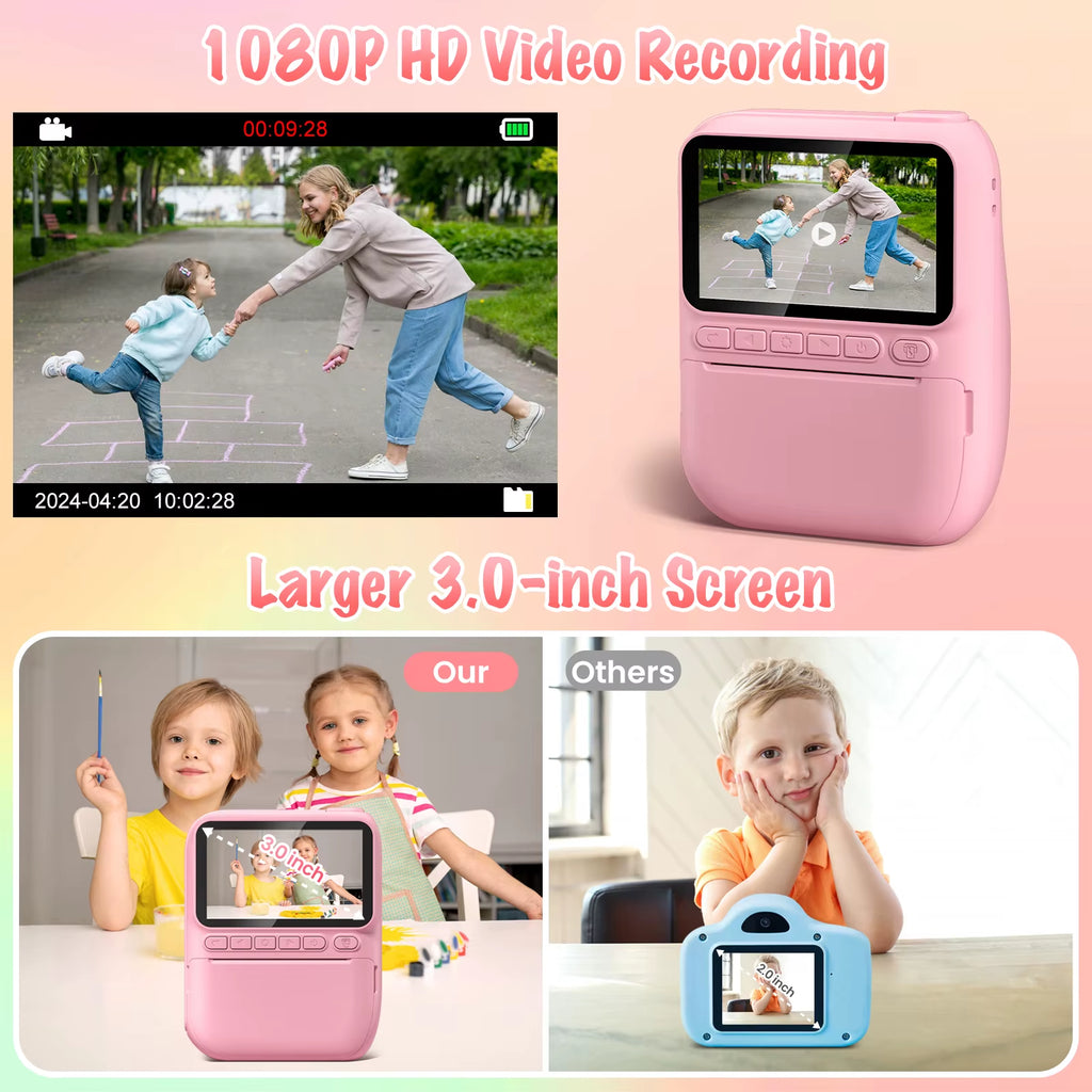 Professional Instant Print Camera for Children Aged 6-12, 3.0" Display, 32MP HD 1080P Digital Camera with 3 Rolls of Printer Paper