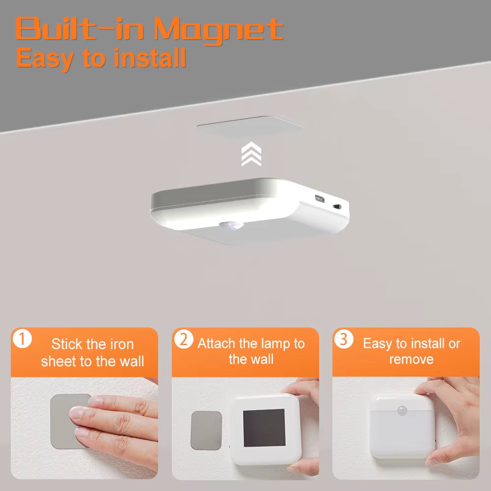 LED Motion Sensor Square Lamp with USB Type-C Charging for Bedroom, Kitchen, Stairway, Hallway, Wardrobe, and Cupboard Lighting